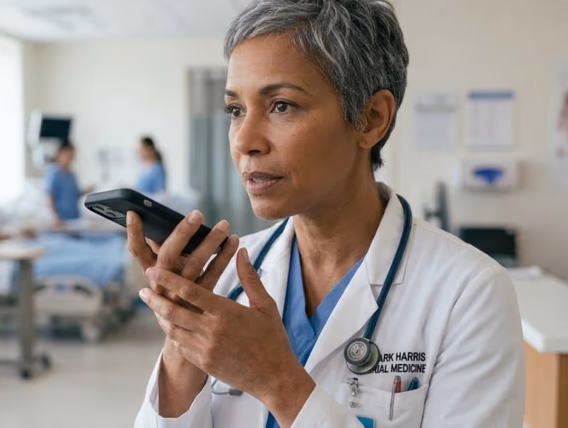 Female doctor in white coat speaking into a smartphone in a hospital room.