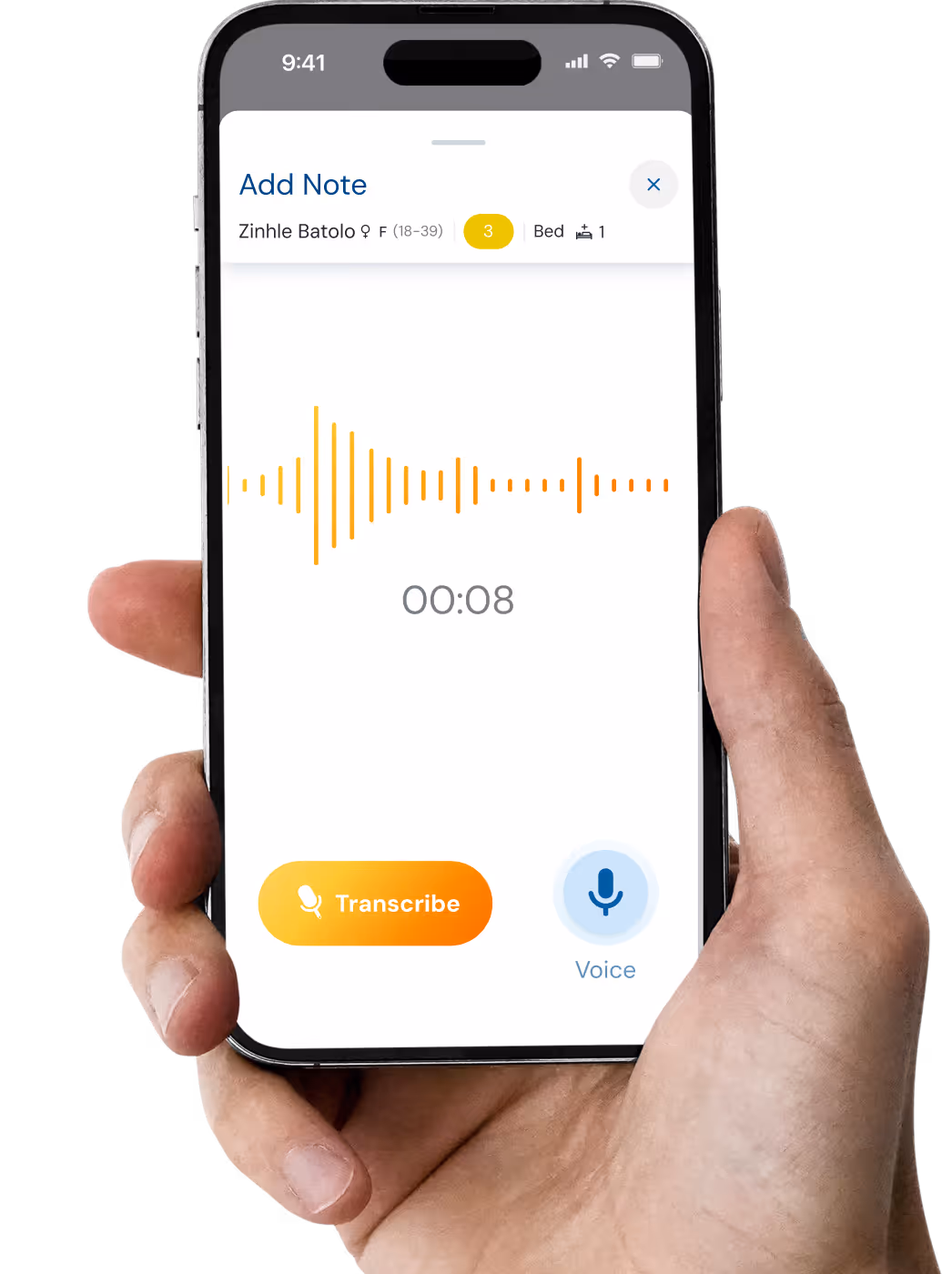 Hand holding smartphone recording audio note with waveform and 8-second timer displayed.