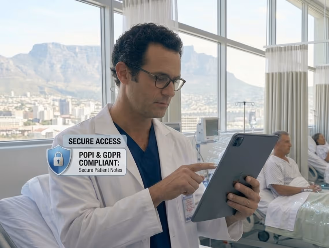Doctor in white coat using tablet in hospital ward with 'Secure Access POPI & GDPR Compliant' label.