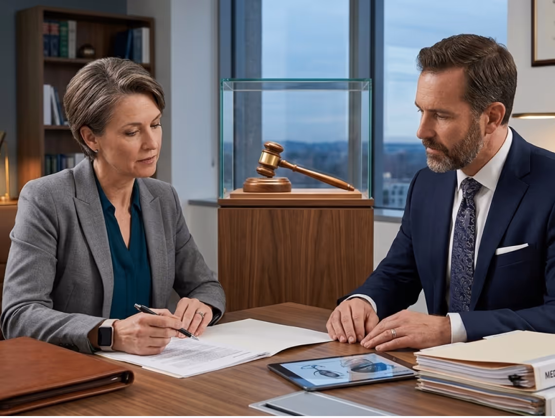 Two professionals in an office discussing legal documents with a gavel displayed behind them.