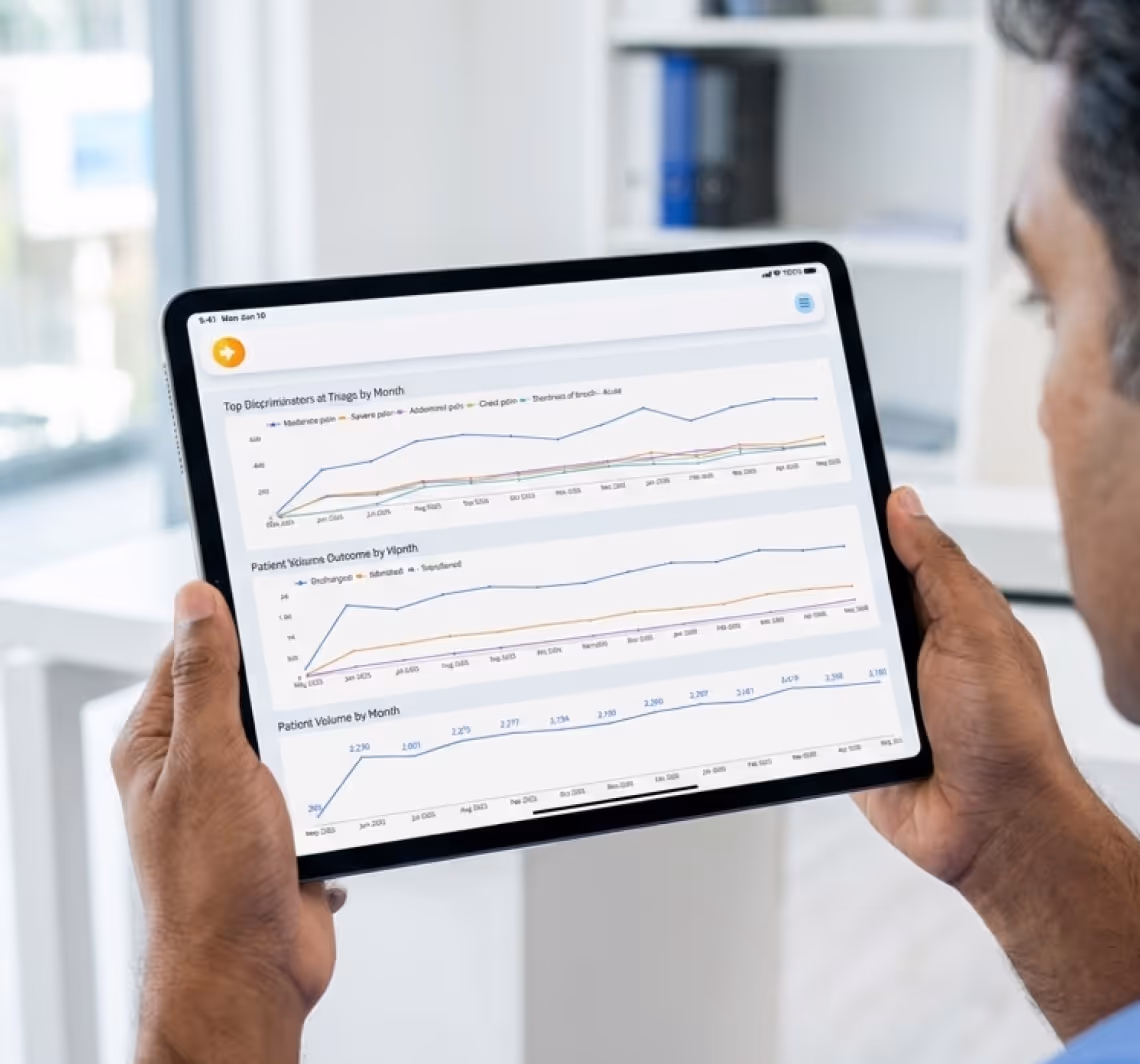 Tablet displaying patient satisfaction scorecard with monthly scores and an overall score of 8.4 out of 10.