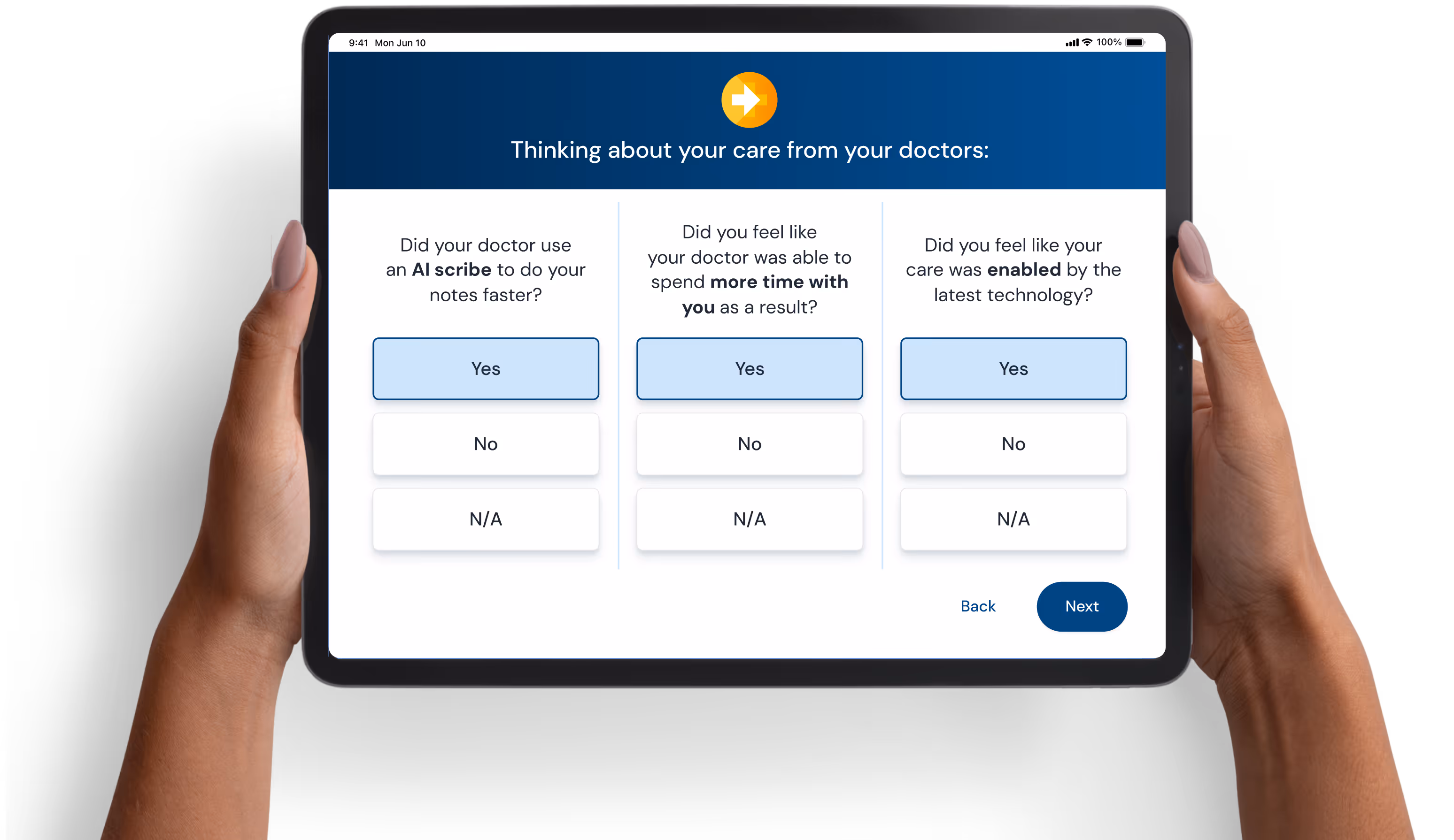 Tablet screen showing patient survey on doctors' care with Yes, No, N/A options and Next button.