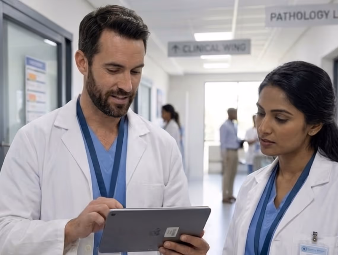 Two doctors in a hospital hallway looking at a tablet displaying test notifications and results available.
