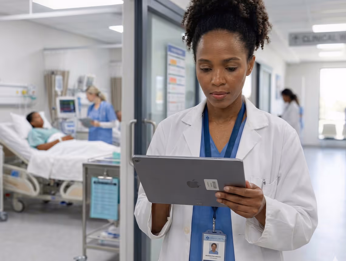 Doctor in white coat reviews a tablet in a hospital hallway with patients and staff in the background.
