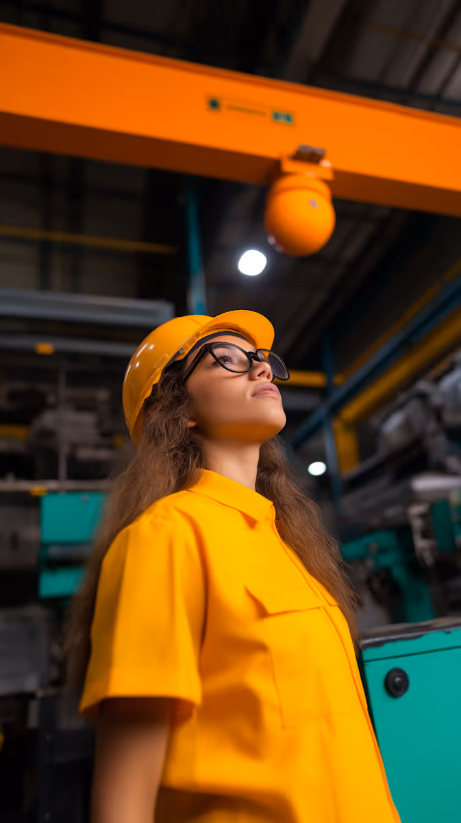 Vrouwelijke industrieel werknemer met veiligheidshelm en bril kijkt omhoog in een fabriekshal.