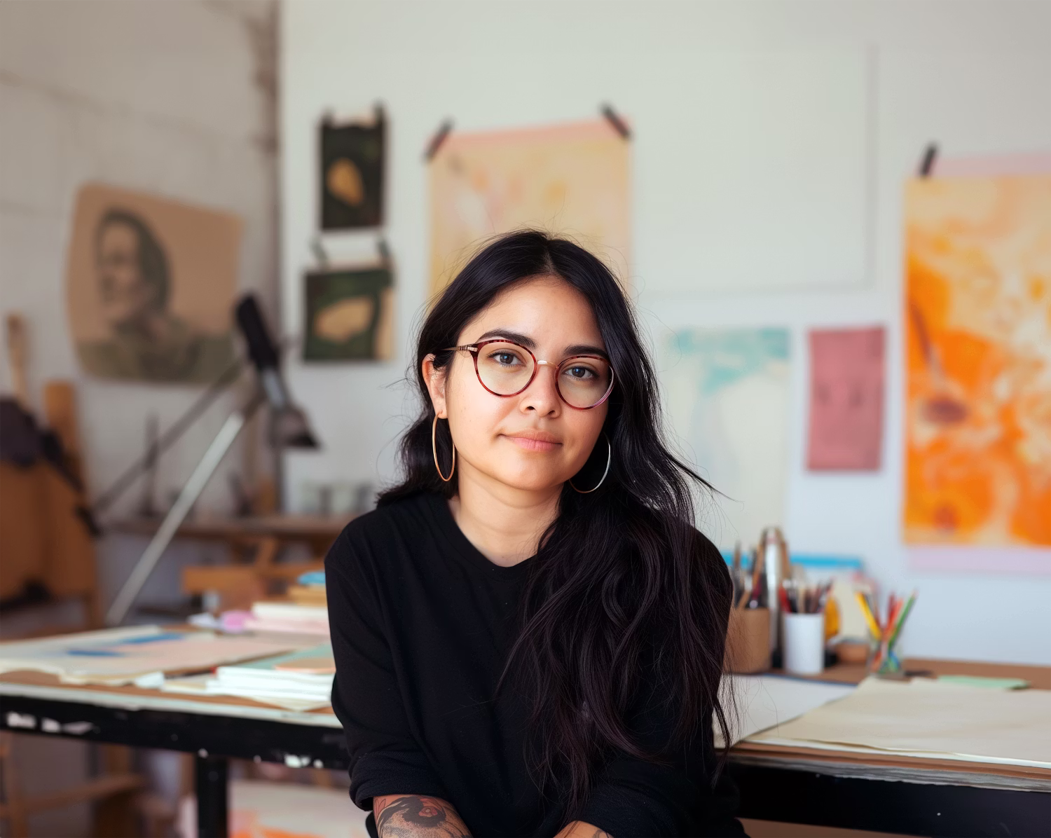 Jonge vrouw met lang donker haar, bril en grote oorbellen zit ontspannen in een kunststudio met schilderijen en tekenmaterialen op de achtergrond.