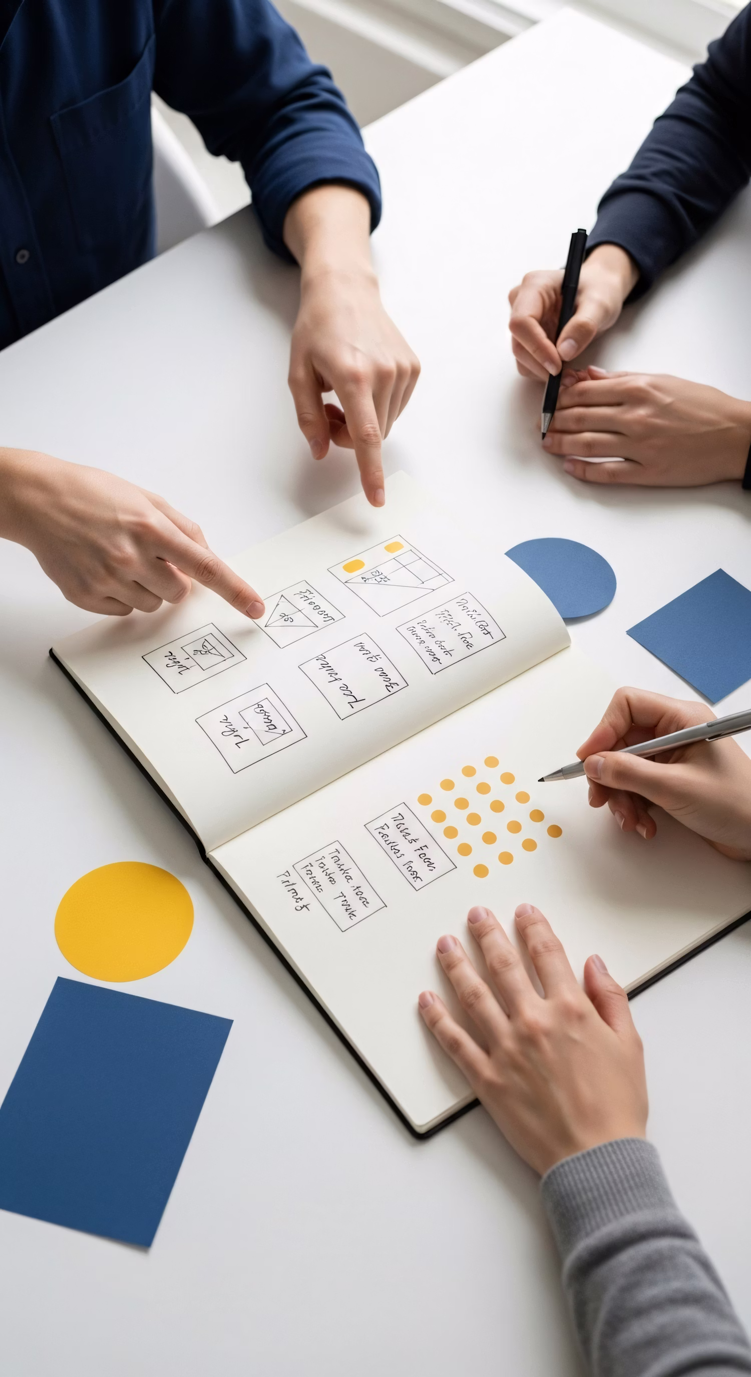 Mensen werken samen aan een notitieboek met getekende schema's, diagrammen en aantekeningen.