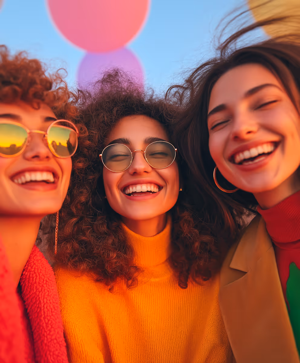 Drie vrouwen lachen vrolijk buiten met kleurrijke ballonnen op de achtergrond.