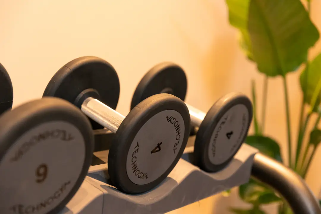 Nahaufnahme von schwarzen Kurzhanteln mit silbernen Griffen in einem Fitnessstudio vor grünen Pflanzen.