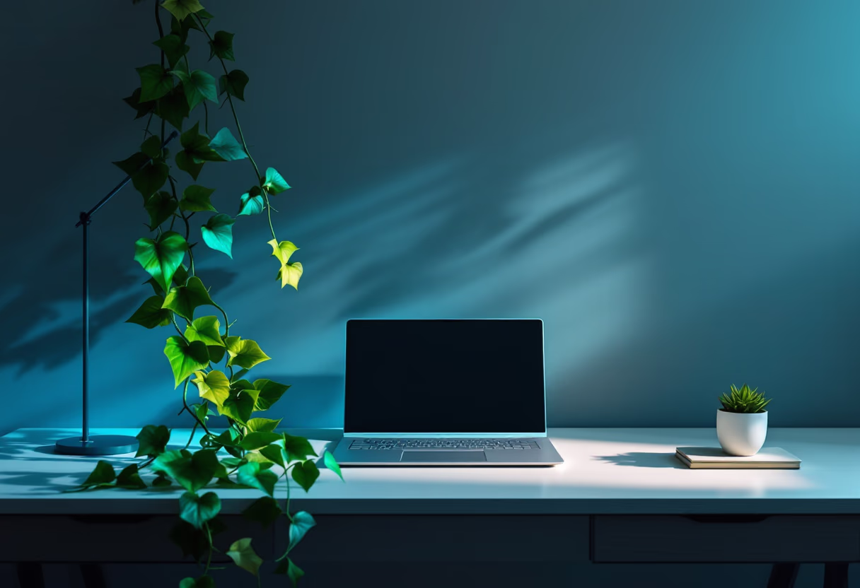 [Hintergrundbild] Bild eines Schreibtisches mit einem Laptop und einer Pflanze