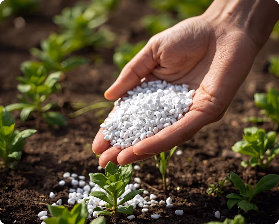 Hand sprinkling white fertilizer pellets onto soil around green plants in a garden.
