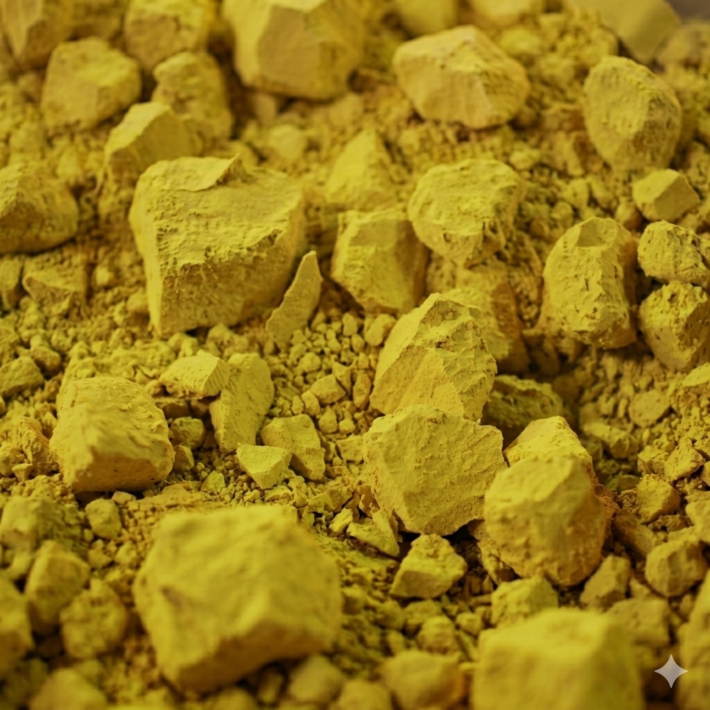Close-up of irregular yellow mineral chunks and powder scattered on a surface.