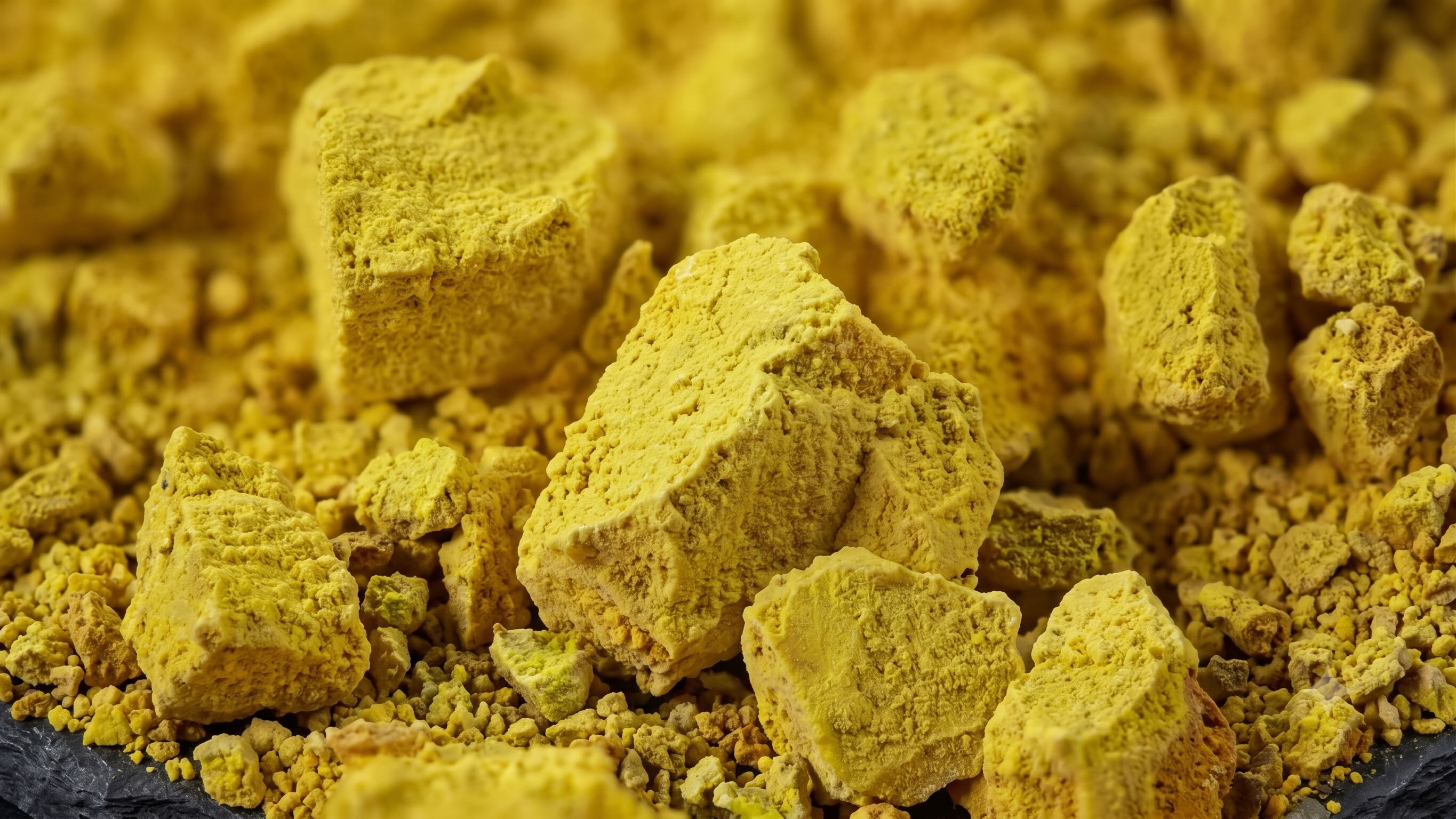 Close-up of rough yellow sulfur chunks and powder on a dark surface.