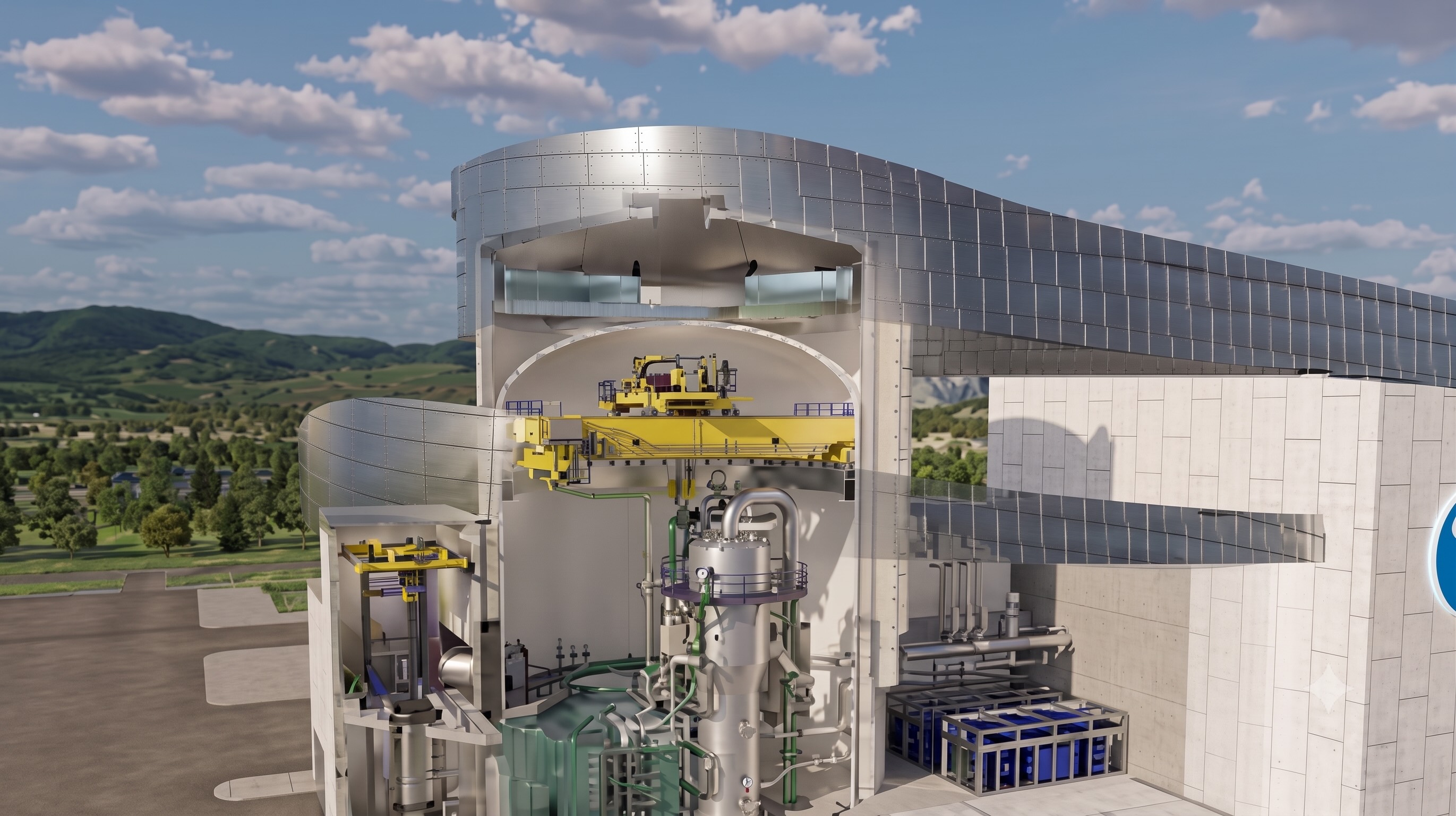 Cross-section view of a modern nuclear reactor building with internal mechanical equipment and yellow overhead crane.