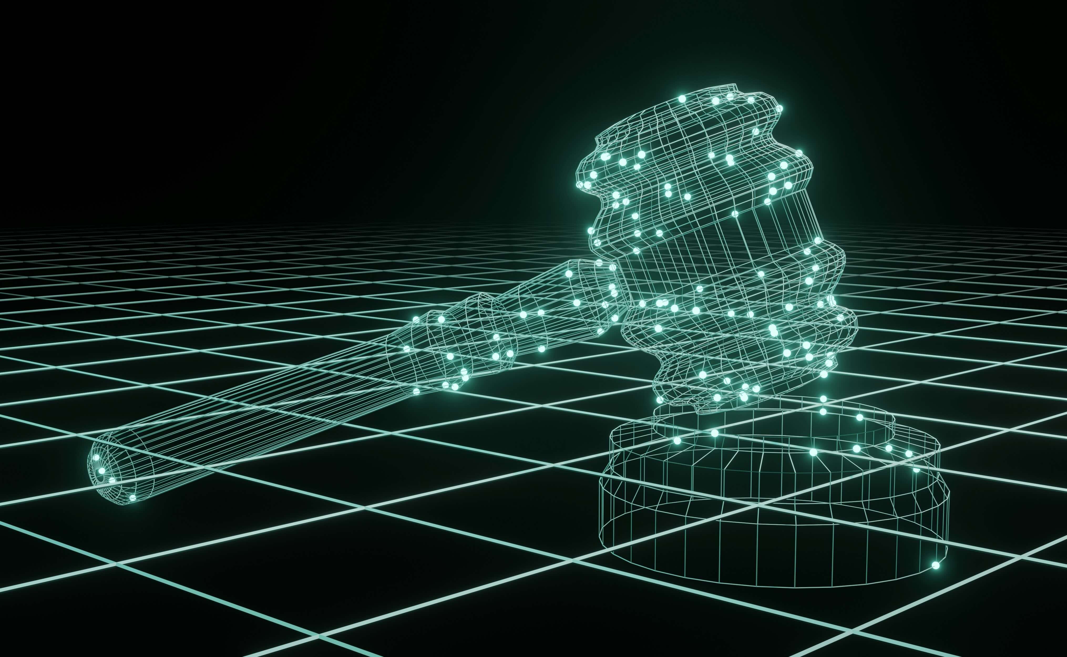Digital wireframe of a judge's gavel and sound block with glowing points on a grid background.