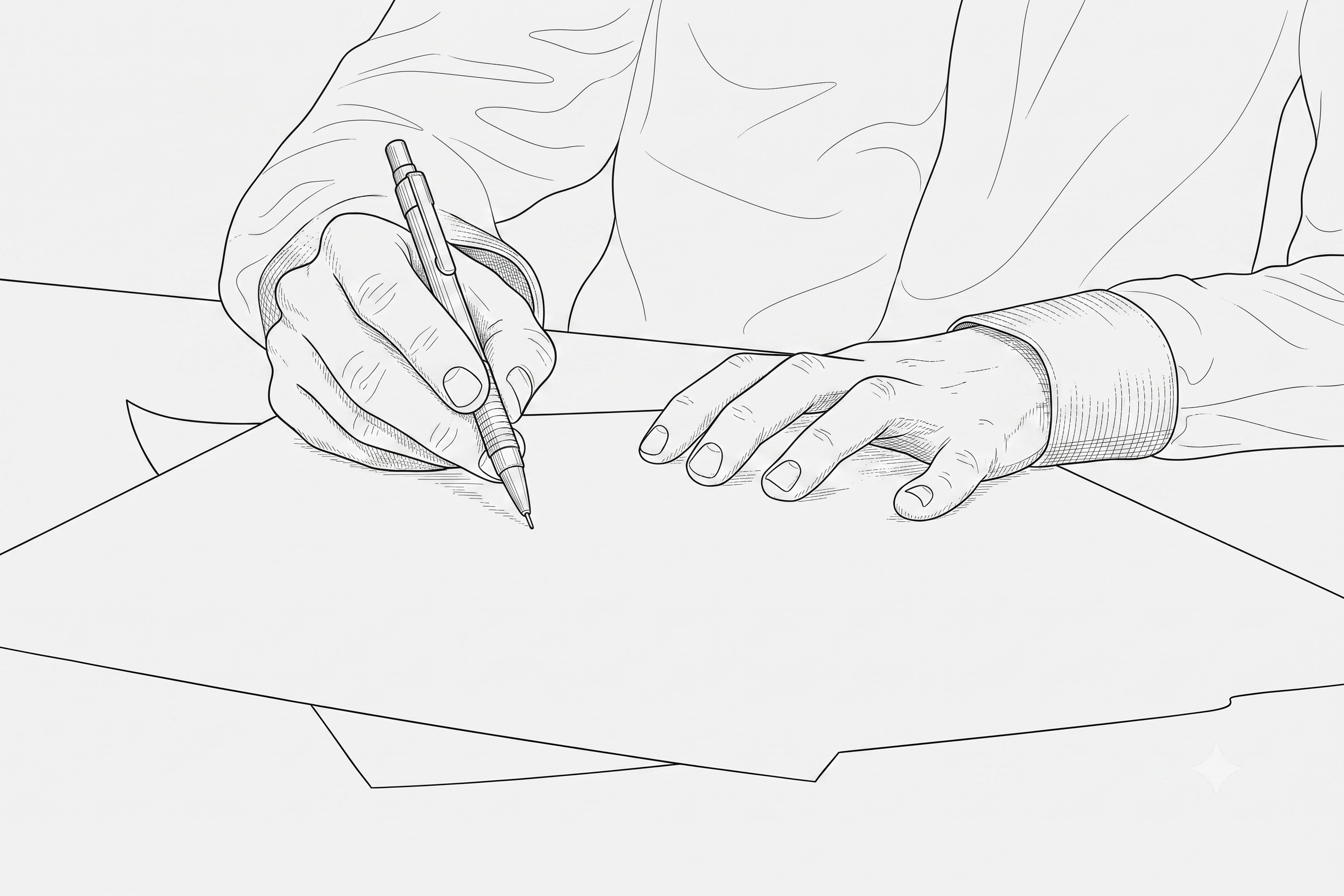 Illustration of hands holding a pen and writing on blank sheets of paper on a flat surface.