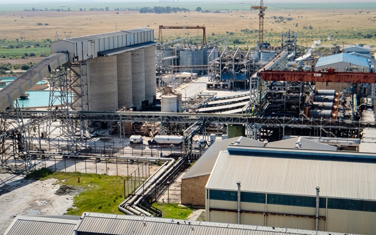 Neo Energy Metals New Beisa Wide aerial view of an industrial plant with storage silos, conveyor belts, and surrounding fields.
