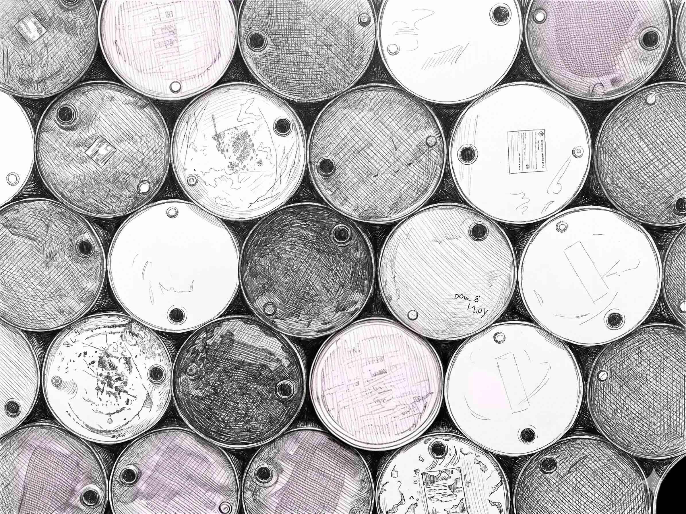 Stacked metal barrels viewed from above, showing circular tops with markings and openings.
