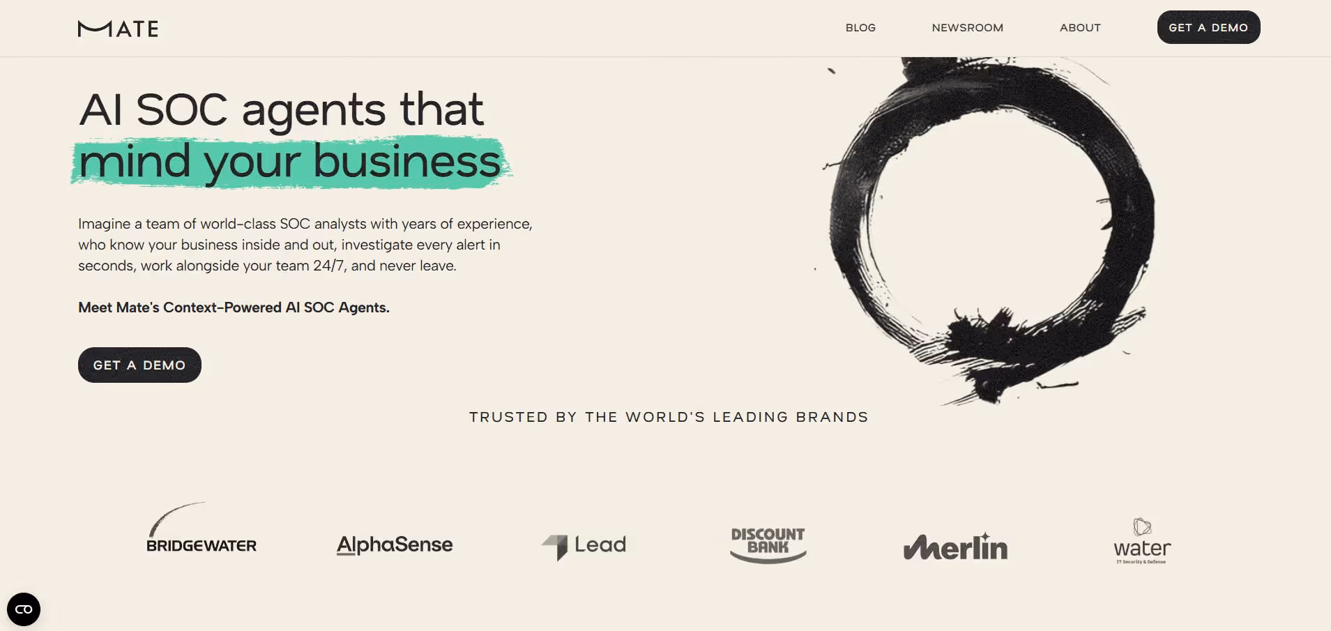 Mate homepage featuring AI SOC agents, contextual security operations platform, customer logos, and call-to-action demo button.