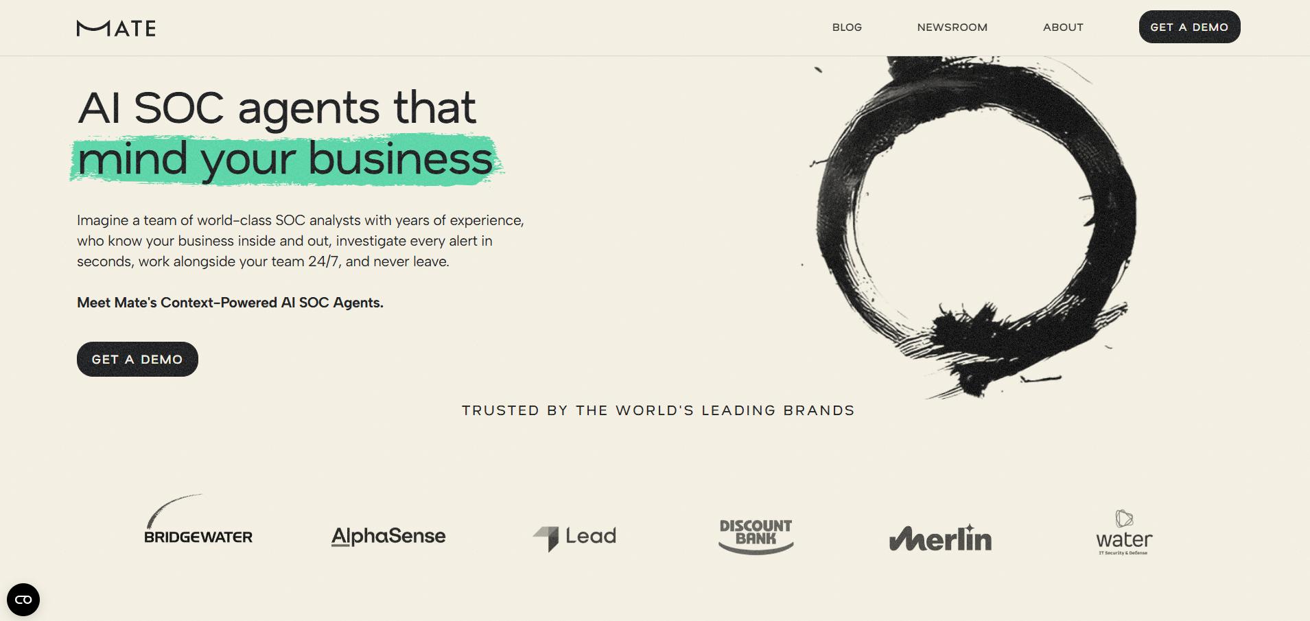 Mate homepage featuring AI SOC agents, contextual security operations platform, customer logos, and call-to-action demo button.