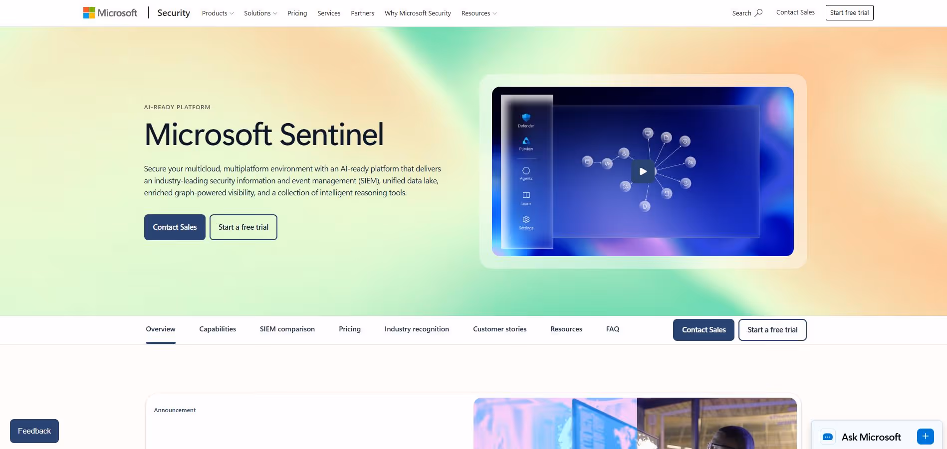 Microsoft Sentinel SIEM platform homepage highlighting AI-ready security operations, multicloud threat detection, and free trial options.