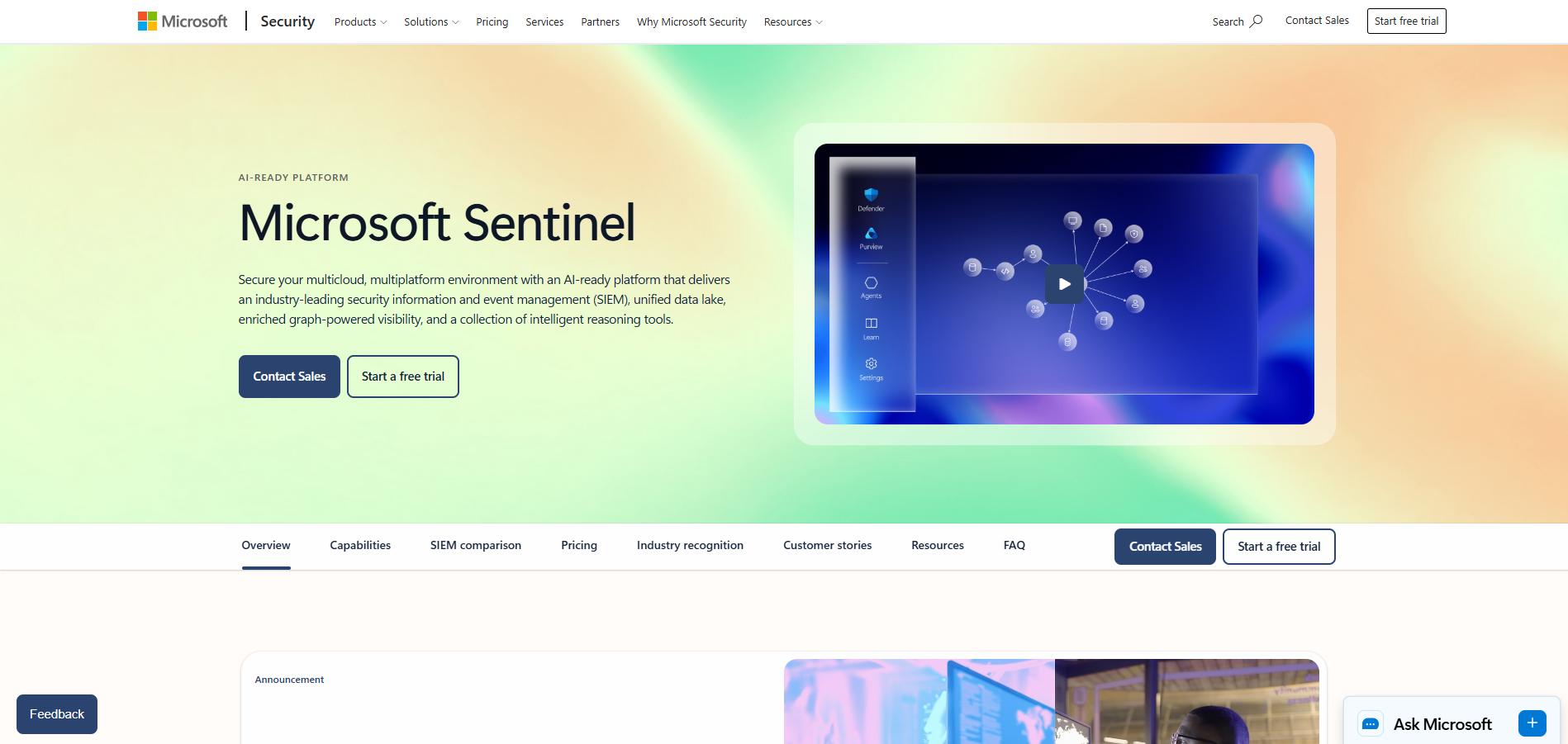 Microsoft Sentinel SIEM platform homepage highlighting AI-ready security operations, multicloud threat detection, and free trial options.