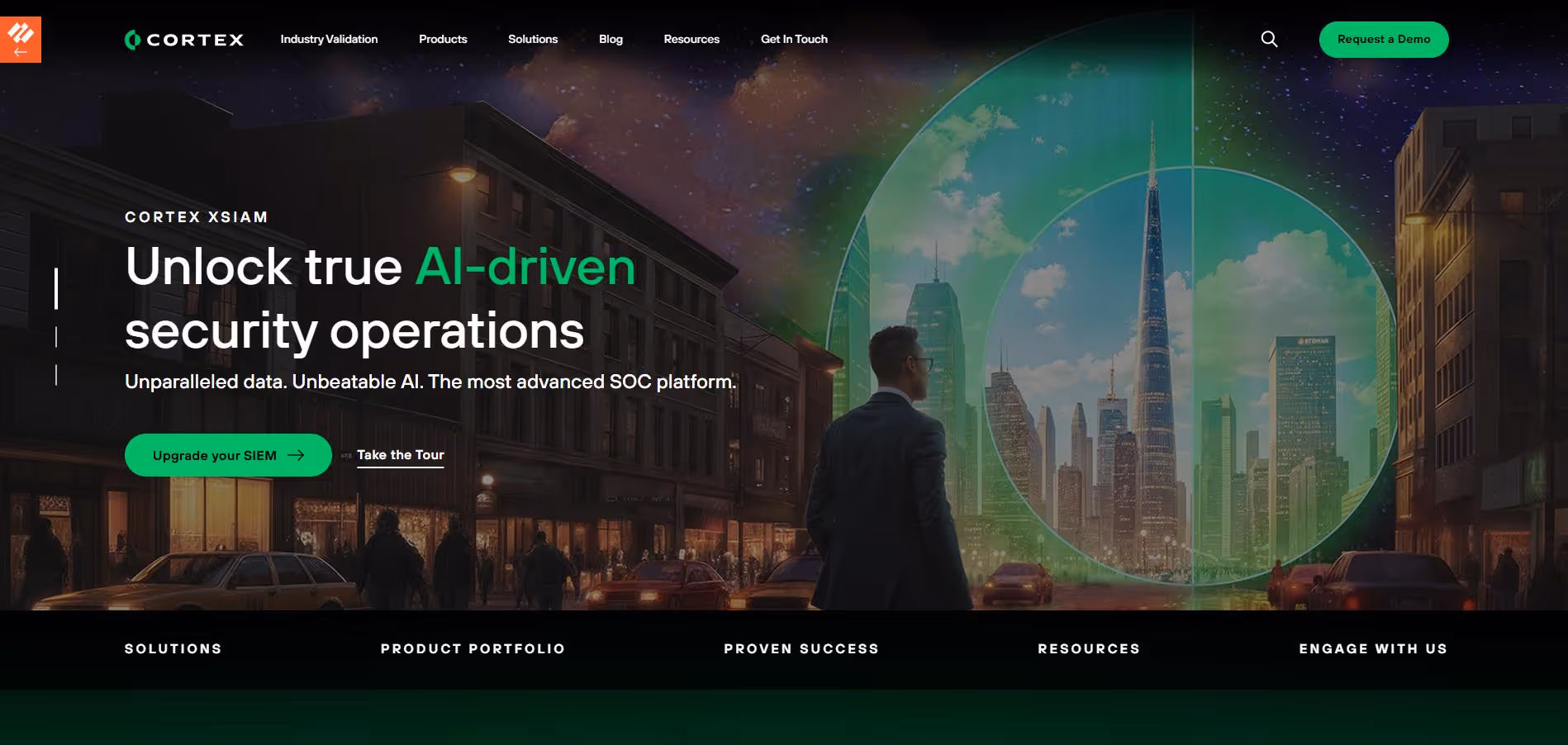 Palo Alto Networks Cortex XSIAM homepage highlighting AI-driven security operations, autonomous SOC workflows, and next-generation SIEM capabilities.