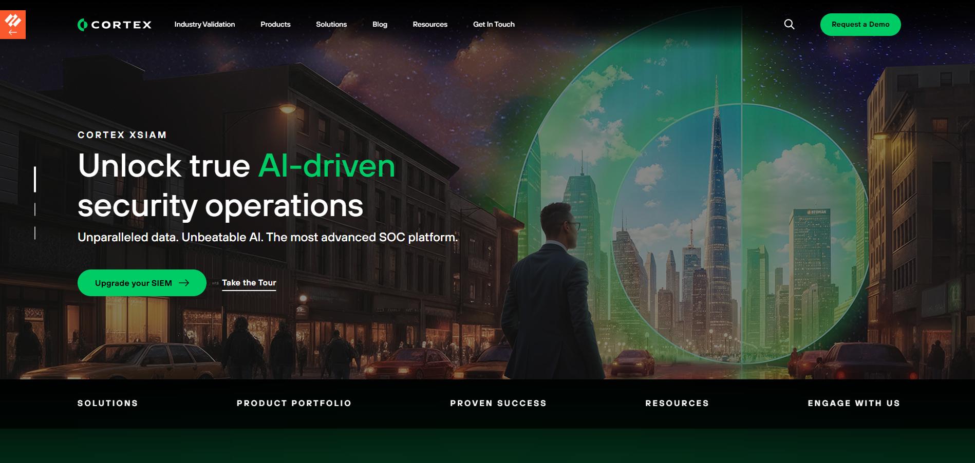 Palo Alto Networks Cortex XSIAM homepage highlighting AI-driven security operations, autonomous SOC workflows, and next-generation SIEM capabilities.