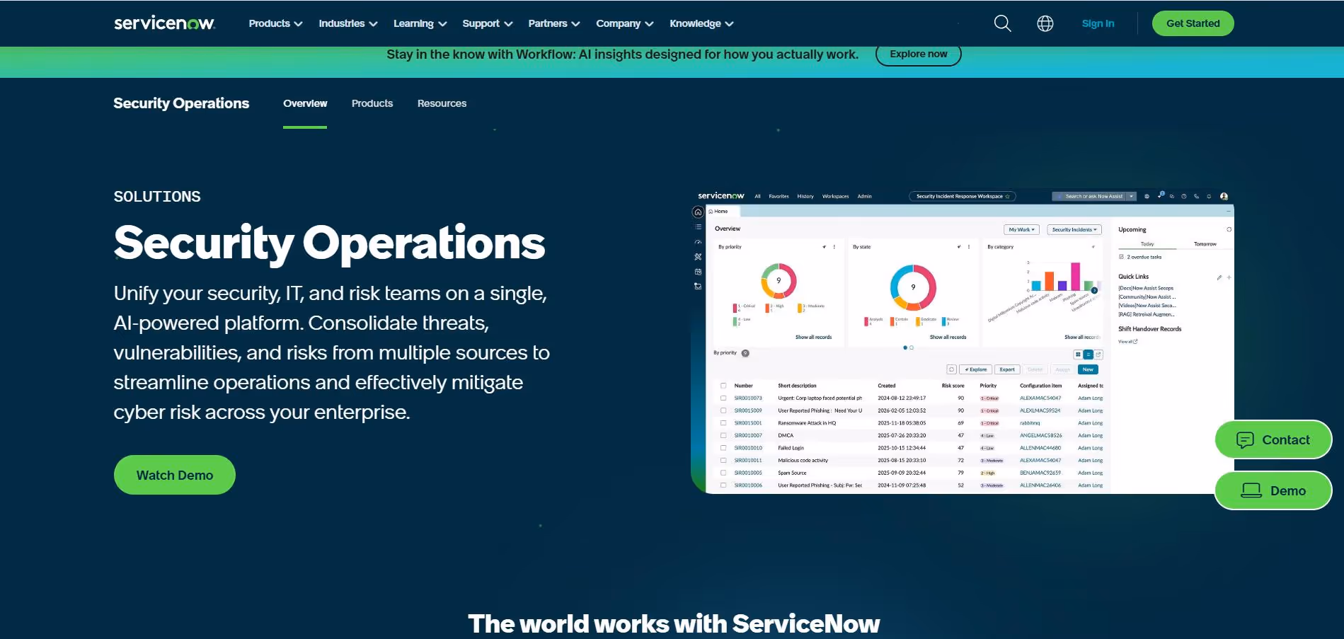 ServiceNow Security Operations platform unifying security, IT, and risk teams with AI-powered threat, vulnerability, and incident management.