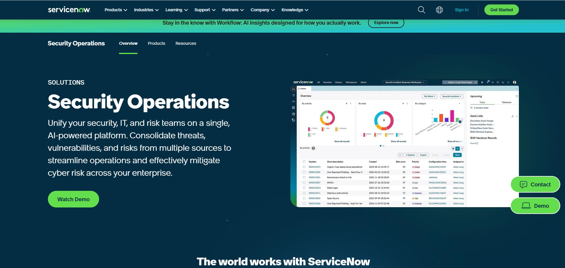 ServiceNow Security Operations platform unifying security, IT, and risk teams with AI-powered threat, vulnerability, and incident management.