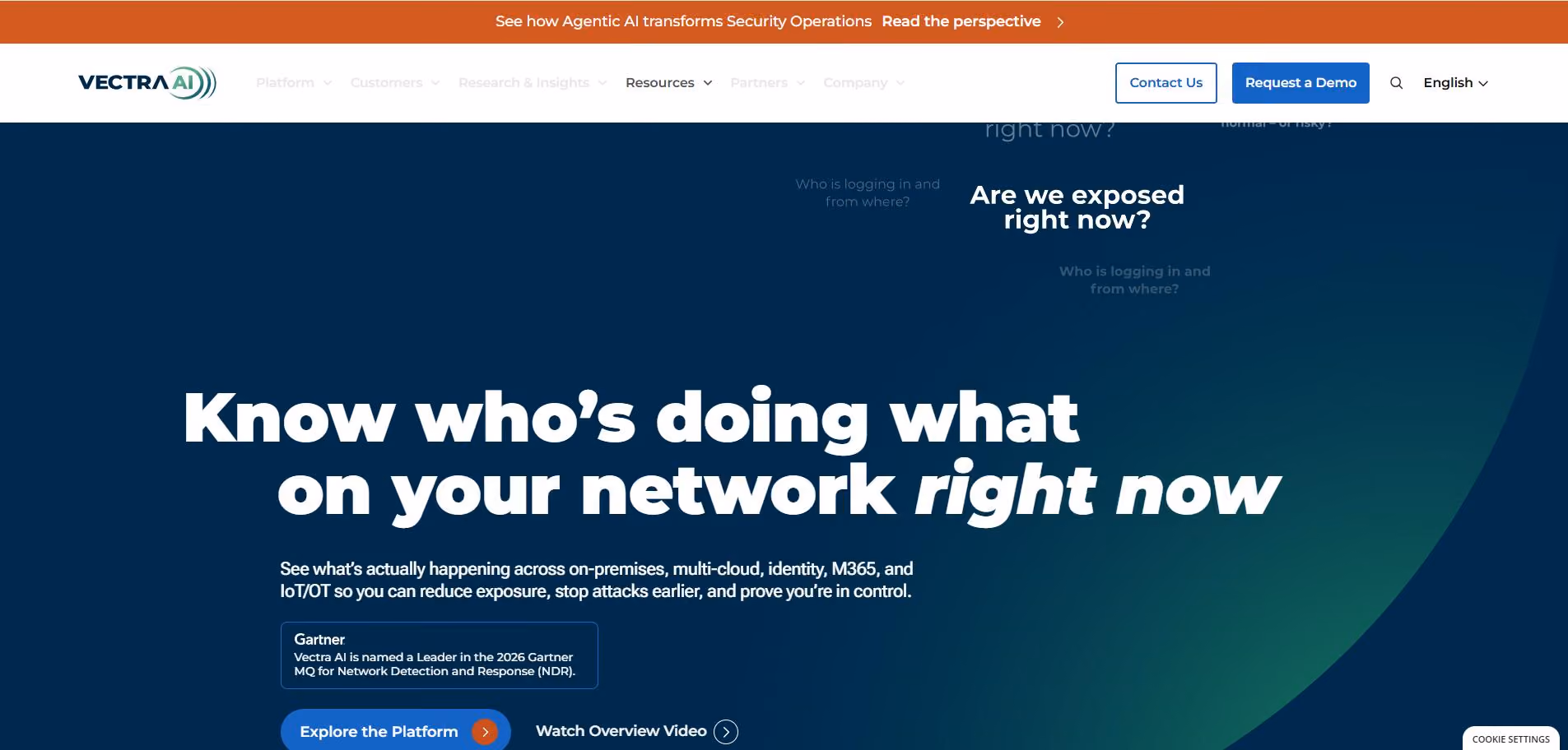 Vectra AI homepage featuring the headline "Know who’s doing what on your network right now," navigation menu, and platform demo CTA buttons.