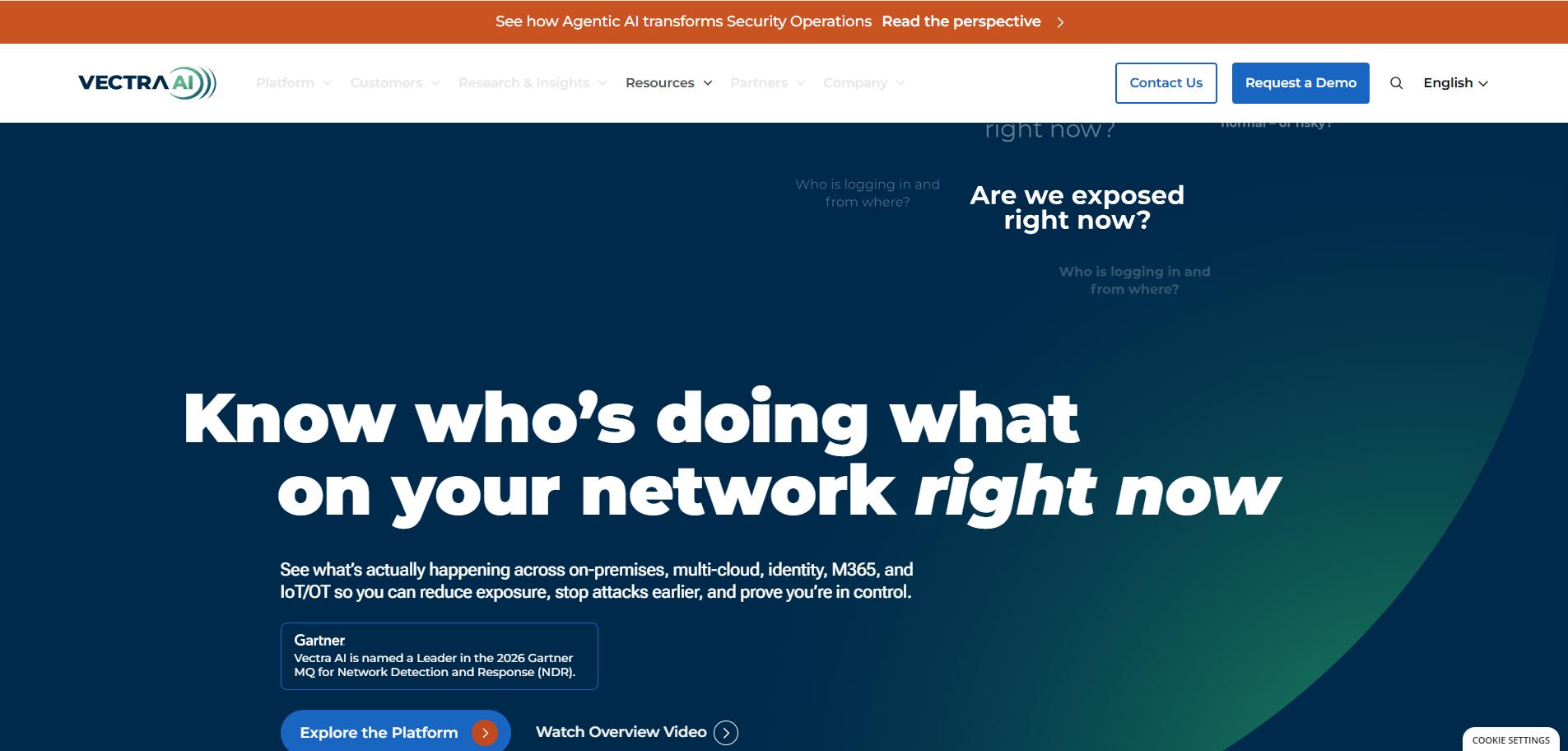 Vectra AI homepage featuring the headline "Know who’s doing what on your network right now," navigation menu, and platform demo CTA buttons.