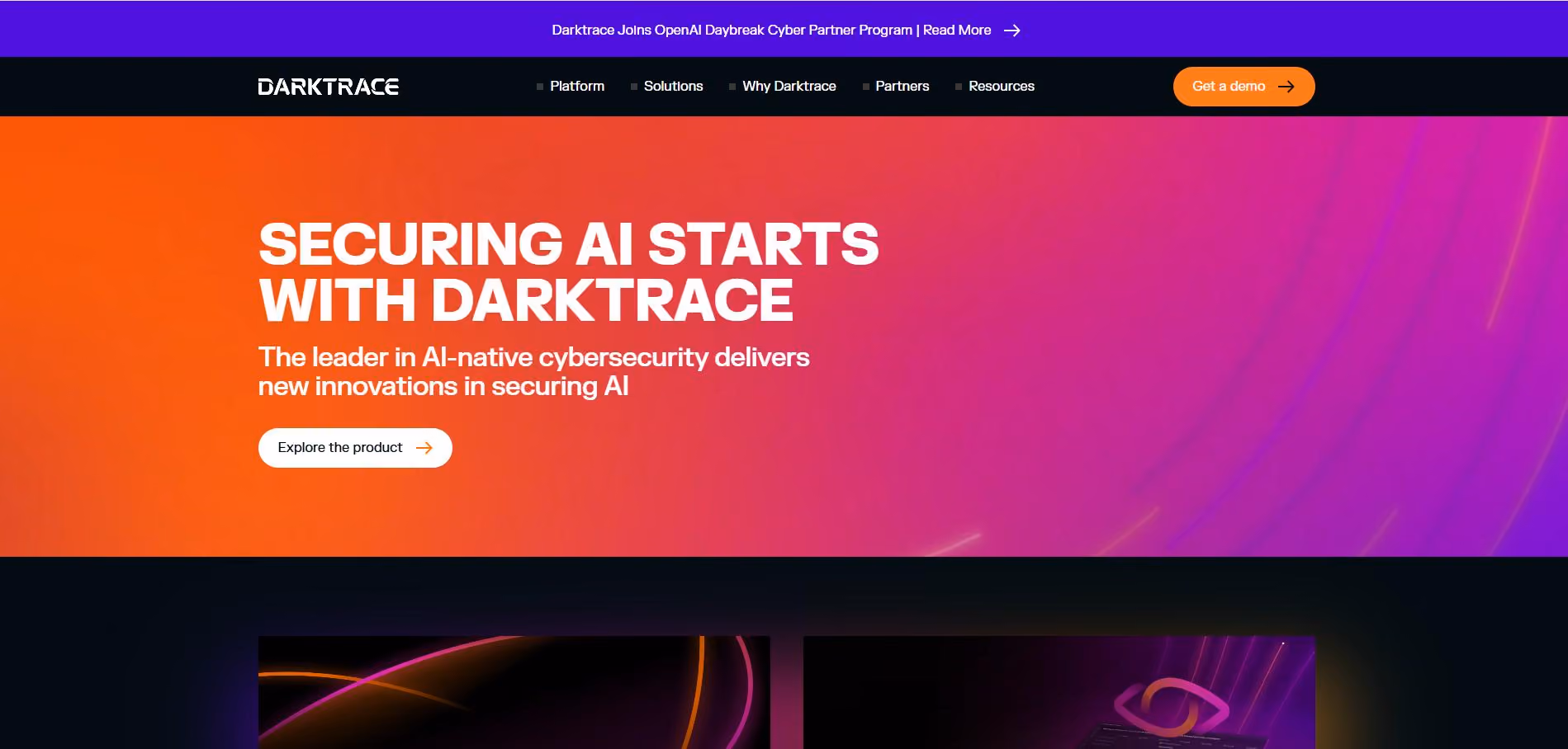 Darktrace homepage featuring the headline "Securing AI Starts with Darktrace," navigation menu, and product CTA button.