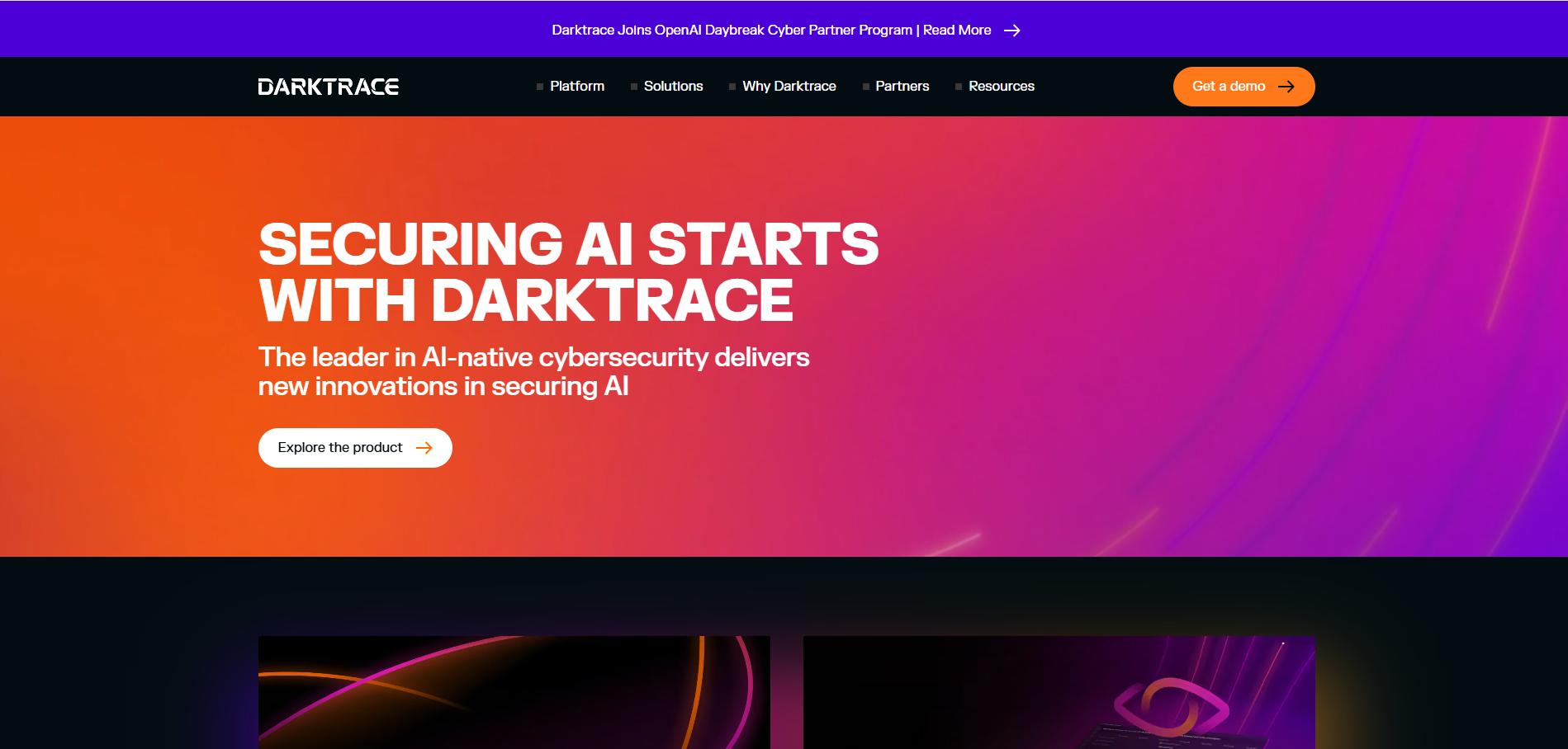 Darktrace homepage featuring the headline "Securing AI Starts with Darktrace," navigation menu, and product CTA button.