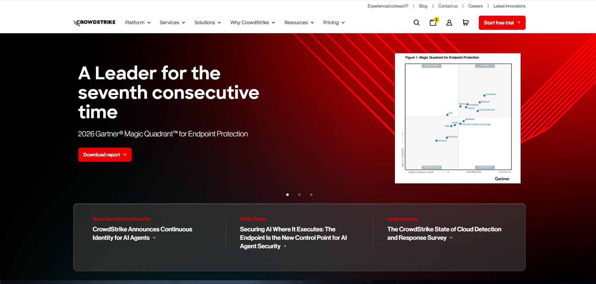 CrowdStrike homepage featuring Gartner recognition for endpoint protection, a report download CTA, and cybersecurity resources navigation.