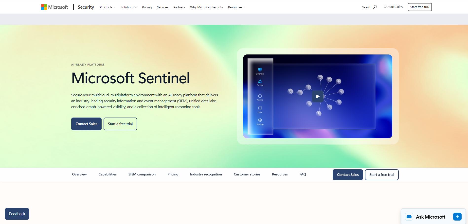 Microsoft Sentinel product page featuring AI-ready SIEM platform overview, demo interface preview, and Contact Sales and Free Trial CTA buttons.