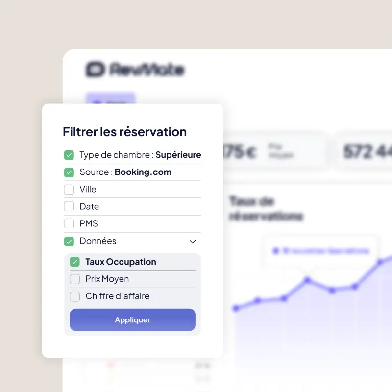 Interface de filtre de réservation avec des options cochées pour type de chambre supérieure, source Booking.com, données, et taux d’occupation, avec un bouton bleu Appliquer.