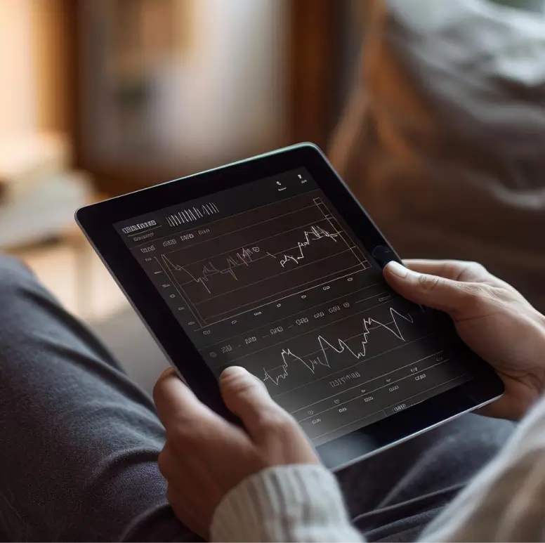 Personne tenant une tablette affichant des graphiques financiers avec des courbes et des données.