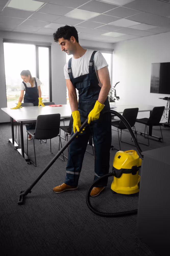 Zwei Reinigungskräfte mit gelben Handschuhen reinigen einen Büroraum, ein Mann saugt Teppichboden.