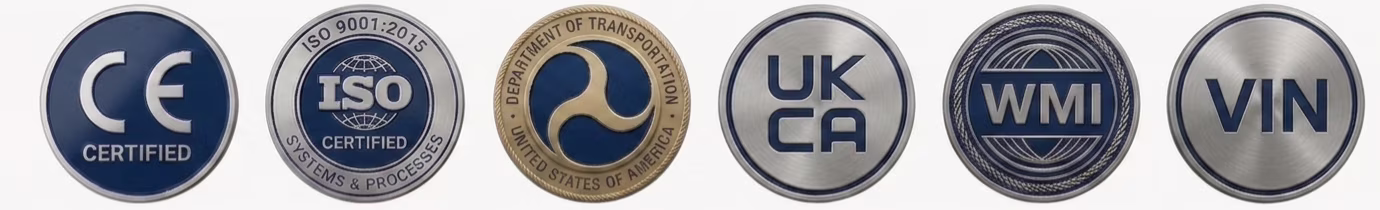 Certifications including CE, ISO, Department of Transportation (DOT), UKCA, WMI, VIN and NSF.
