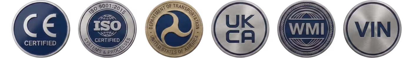 Certifications including CE, ISO, Department of Transportation (DOT), UKCA, WMI, VIN and NSF for food trailers
