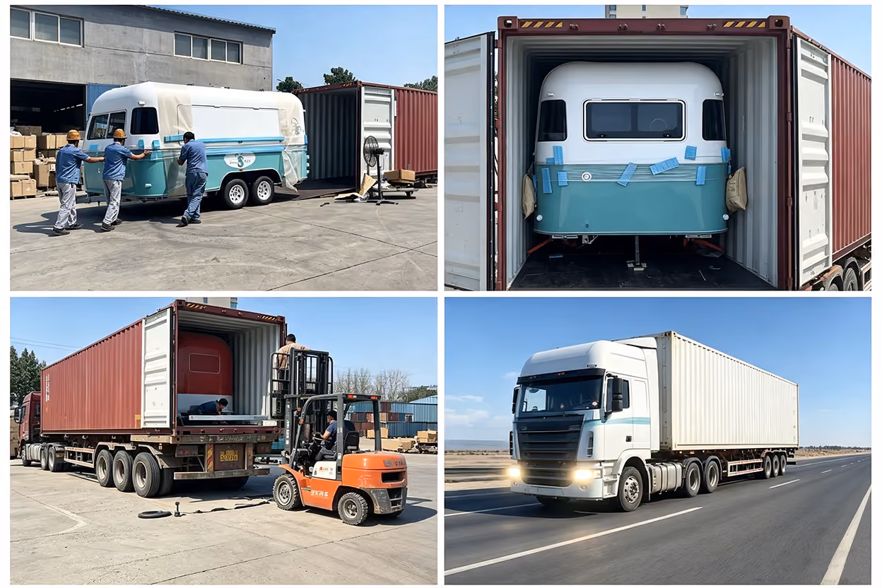 NewBeacon's food trailer manufacturing process: Reliable end-to-end logistics solutions ensuring safe, seamless door-to-door delivery worldwide.