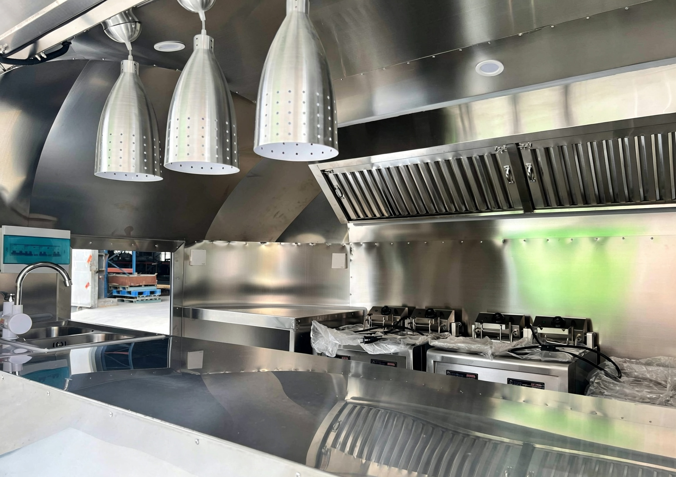 NSF compliant food trailer interior stainless steel kitchen