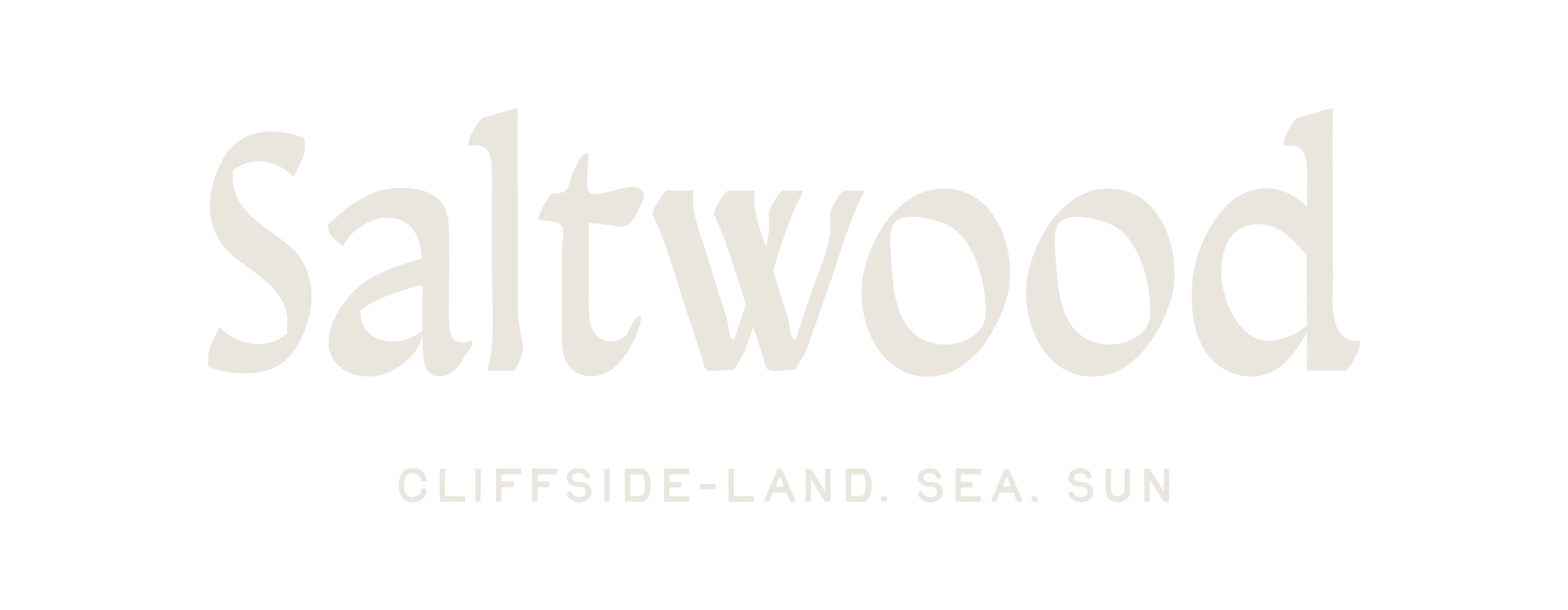 Text logo reading 'Saltwood' with a tagline 'Cliffside-Land. Sea. Sun' underneath on a black background.