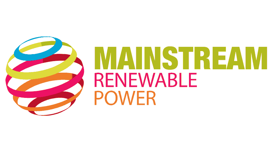 Colorful swirl icon with bold text Mainstream Renewable Power in green, pink, and orange.