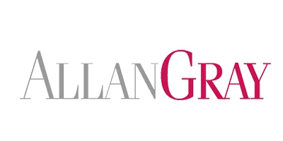 Allan Gray brand name text logo with gray and red colored letters.