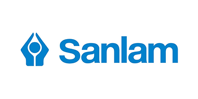 Sanlam logo with blue text and abstract human figure icon.