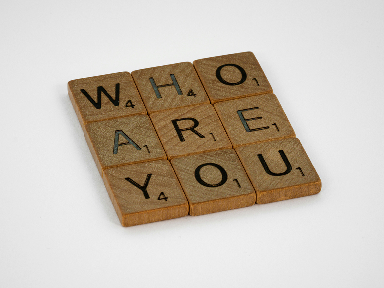 Wooden Scrabble tiles arranged to spell the question 'Who are you' on a white background.