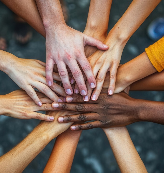 Multiple hands of diverse skin tones stacked together symbolizing unity and teamwork.