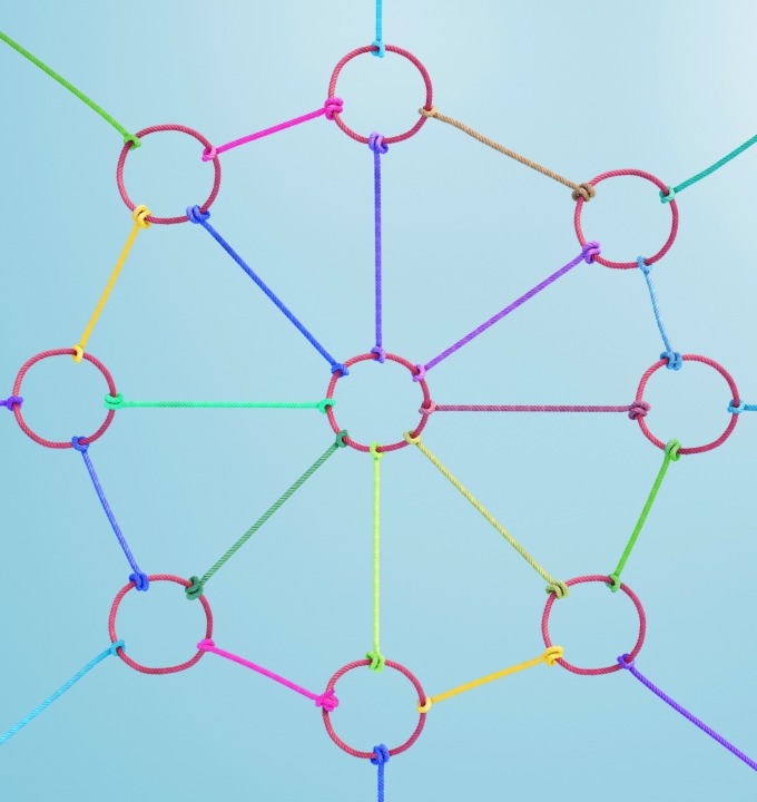 Colorful ropes connecting red rings in a network pattern on a light blue background.